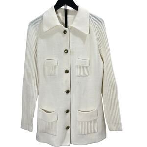 Vintage 60s Grandpa Cardigan Handmade Irish Knit White Acrylic Button-Up Sweater